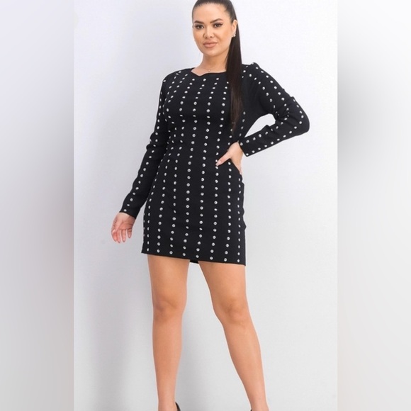 INC International Concepts Black Studded Mini Fitted Dress Long Sleeve Size L - Picture 1 of 10